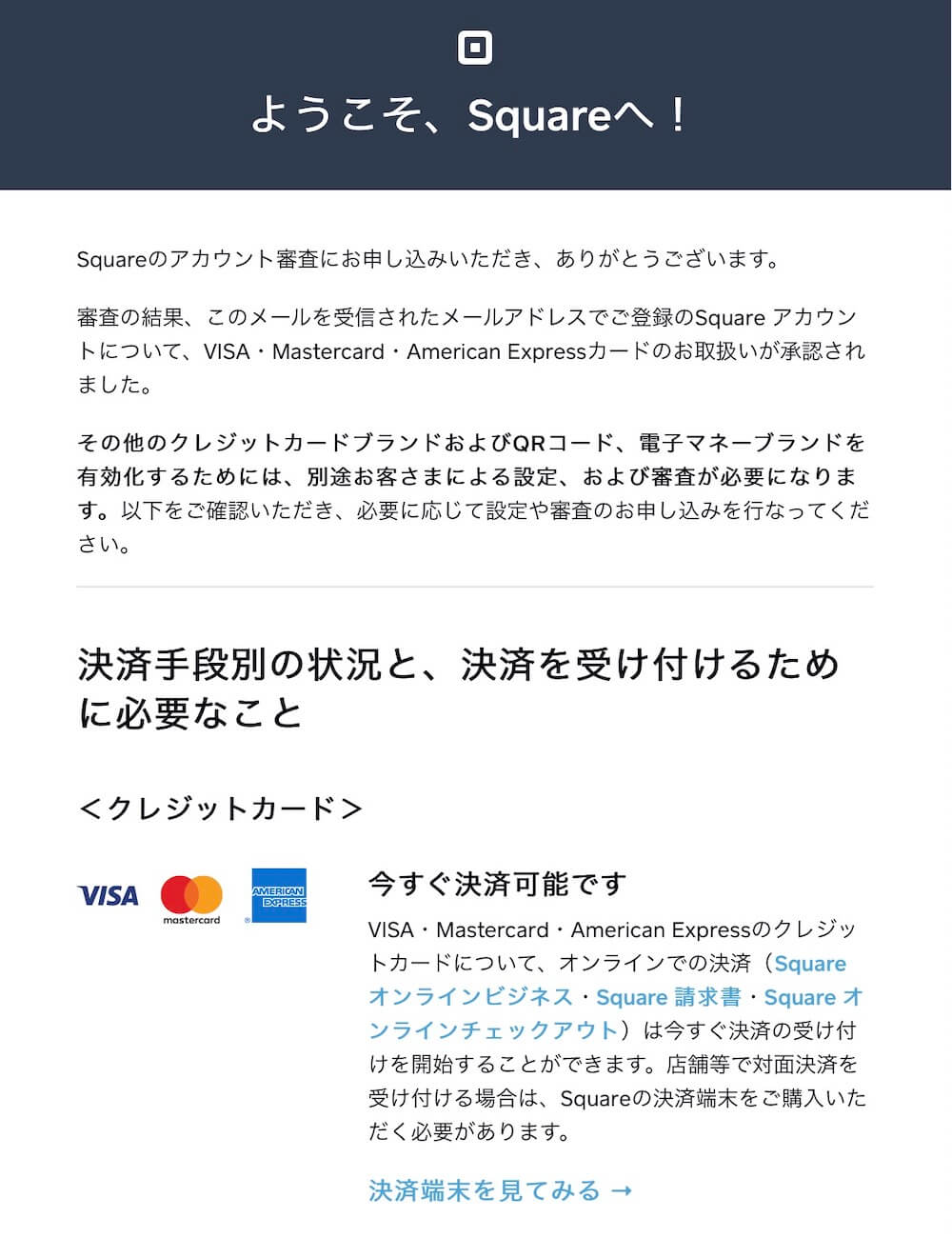 審査完了メール1。まずVISA・Mastercard・AMEXが利用可能に(翌日)