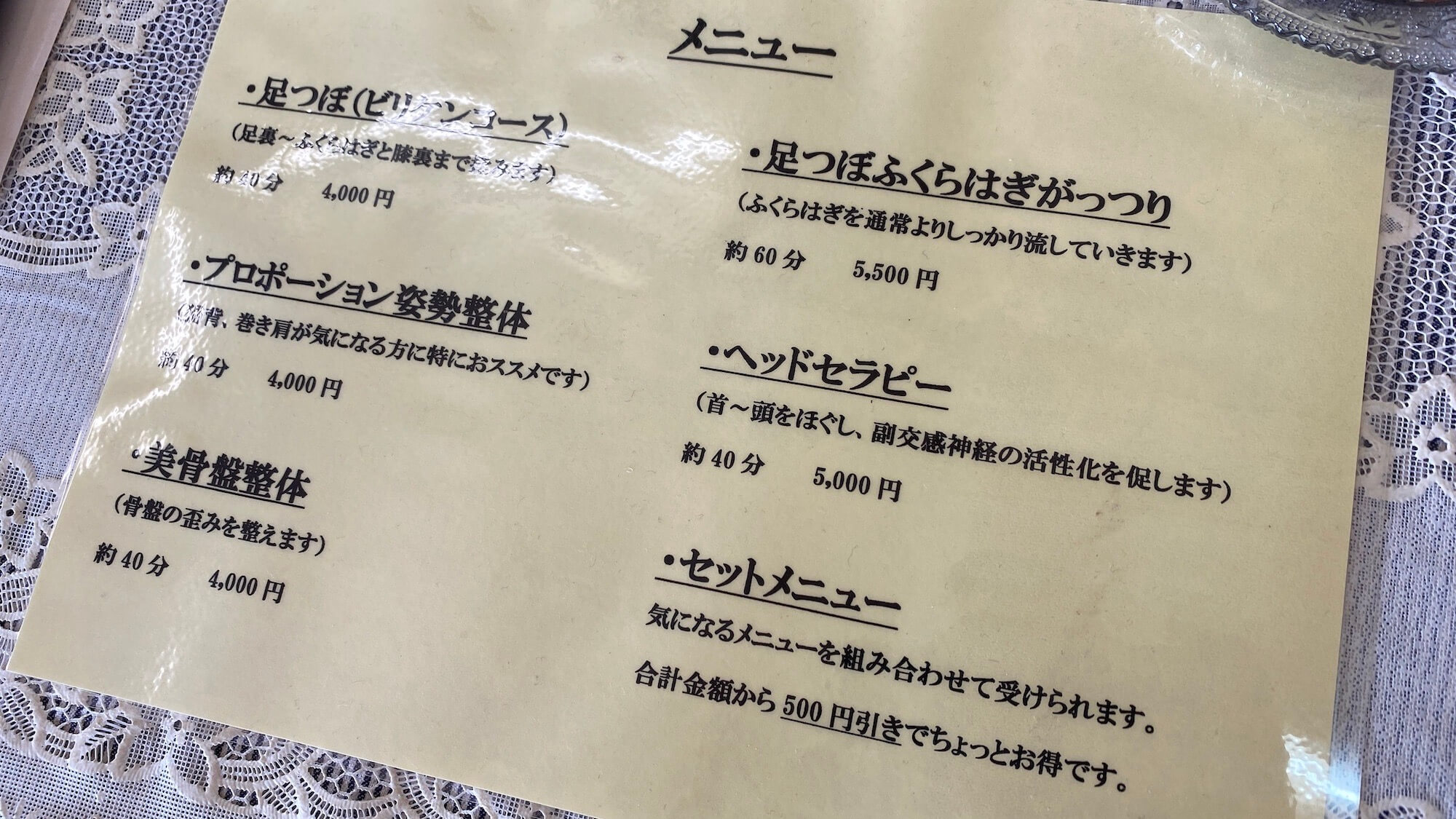 足つぼビリケンの施術メニュー表