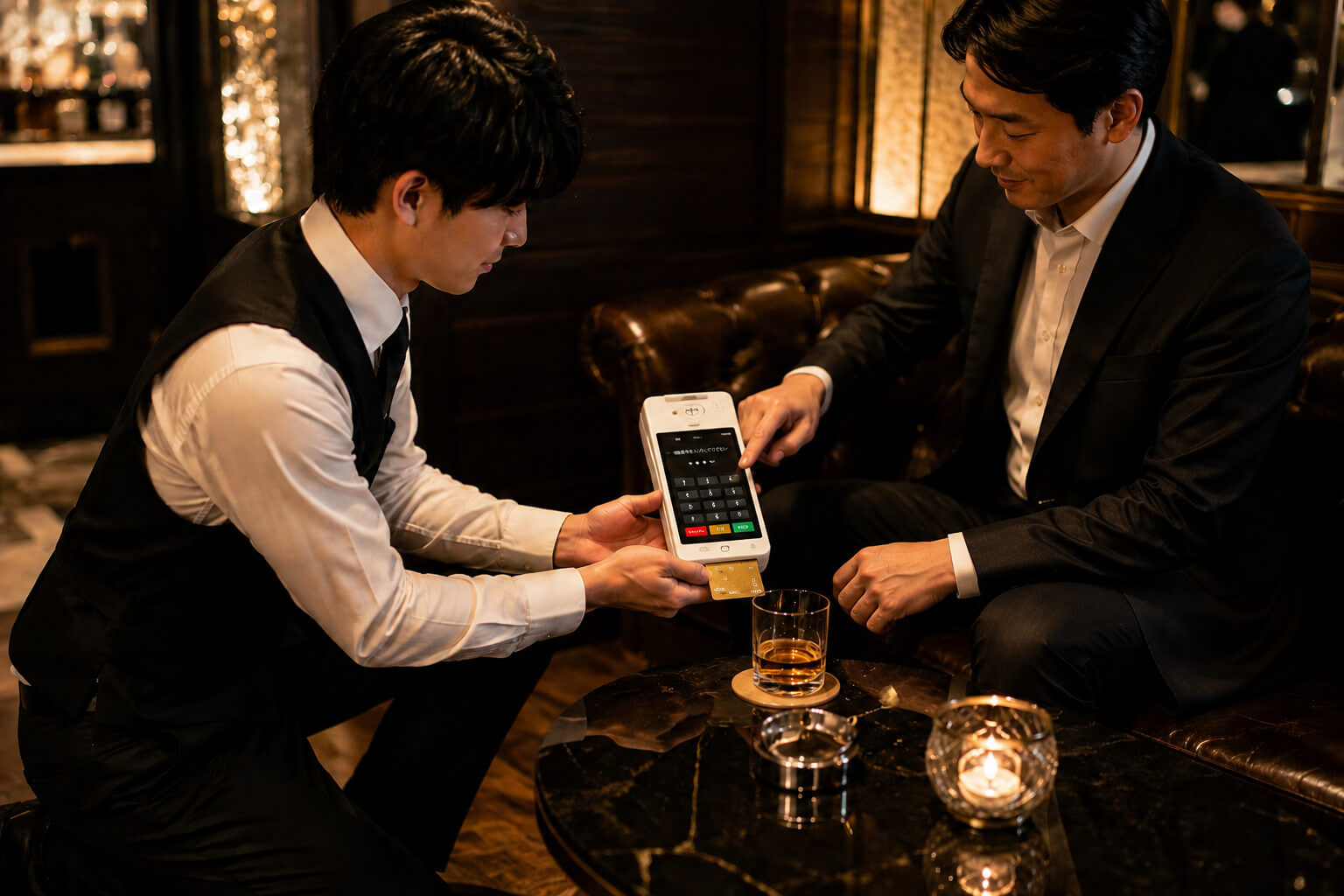 ナイト店舗のテーブルで持ち運び型決済端末を使い暗証番号を入力するイメージ